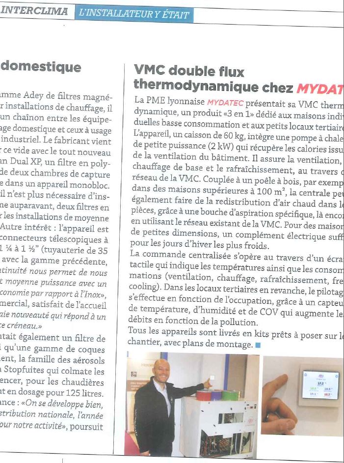 2015.12 Article L'Installateur - VMC double flux thermodynamique chez MyDATEC